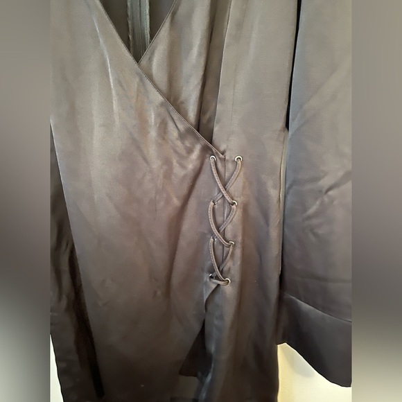 Zara Black Lace Up Cross Over Longsleeve Satin Dress Size medium - Picture 4 of 10